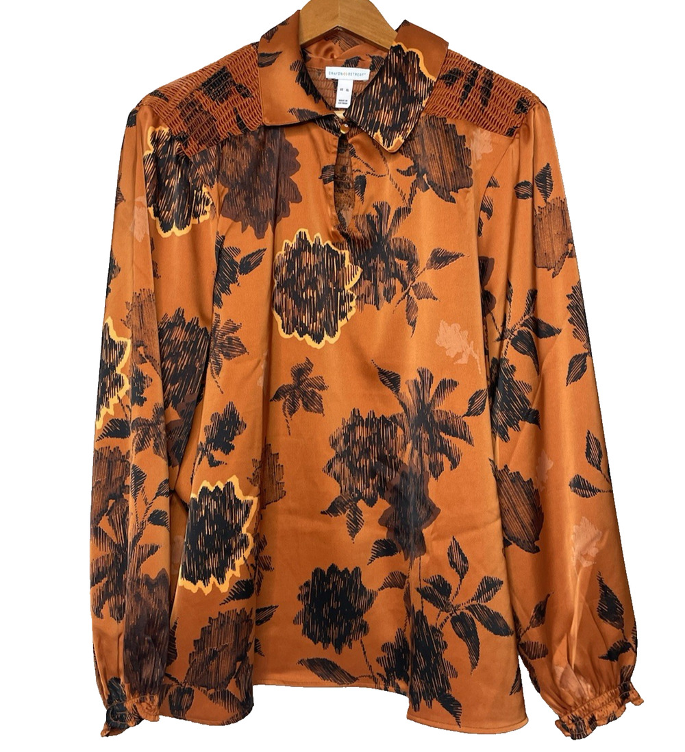 Canyon Retreat Women’s XL Rust Orange Floral Smocked Long Sleeve Blouse Boho